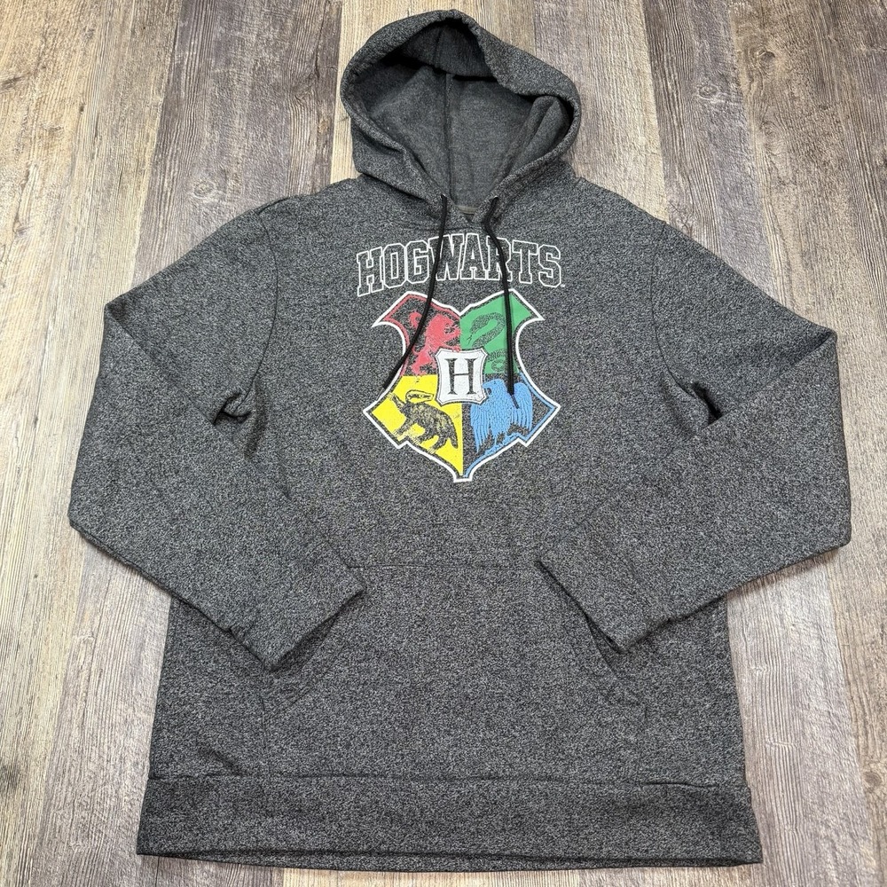 Harry Potter Hogwarts Hoodie Sweatshirt Gray Pullover Unisex Size L House Crest